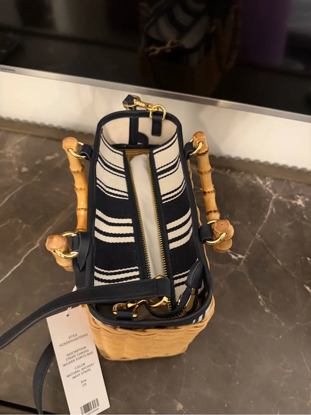 Veronica Beard Tan Wicker Tote with Navy Trim & Bamboo Handles